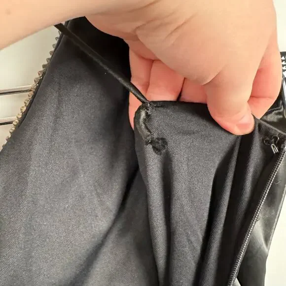 VTG ONYX NITE | Black Satin Gem Ruched Front Slit Maxi Y2K‎ Dress | Women's 14W - Picture 10 of 11